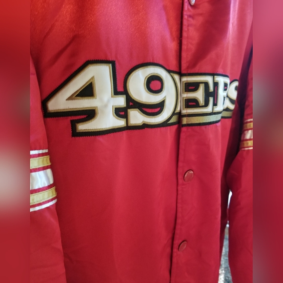 Football Jacket 49ers Starter Large Rare Snap Up Red Gold Winter Coat Shiny - Picture 2 of 15